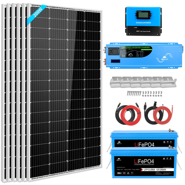 Sun Gold Off Grid Solar Kit 4000W Inverter 12VDC 120V/240V LiFePO4 Battery 1200 Watt Solar Back Up SGK-PR4S