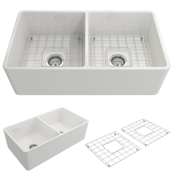 Bocchi Classico Farmhouse Apron Front Fireclay 33" Double Bowl Kitchen Sink. Available in 9 Colors! - 1139-001-0120