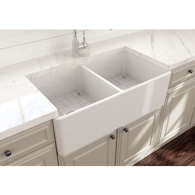 Bocchi Contempo Apron Front Step Rim Fireclay 36" Double Bowl Kitchen Sink with Cutting Board. Available in 9 Colors! - 1348-001-0120