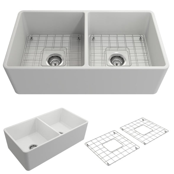 Bocchi Classico Farmhouse Apron Front Fireclay 33" Double Bowl Kitchen Sink. Available in 9 Colors! - 1139-001-0120