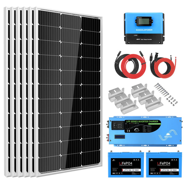 Sun Gold Off Grid Solar Kit 3000W Inverter 12VDC 120V Output LifePO4 Battery 600 watt Solar Back Up SGK-PRO3