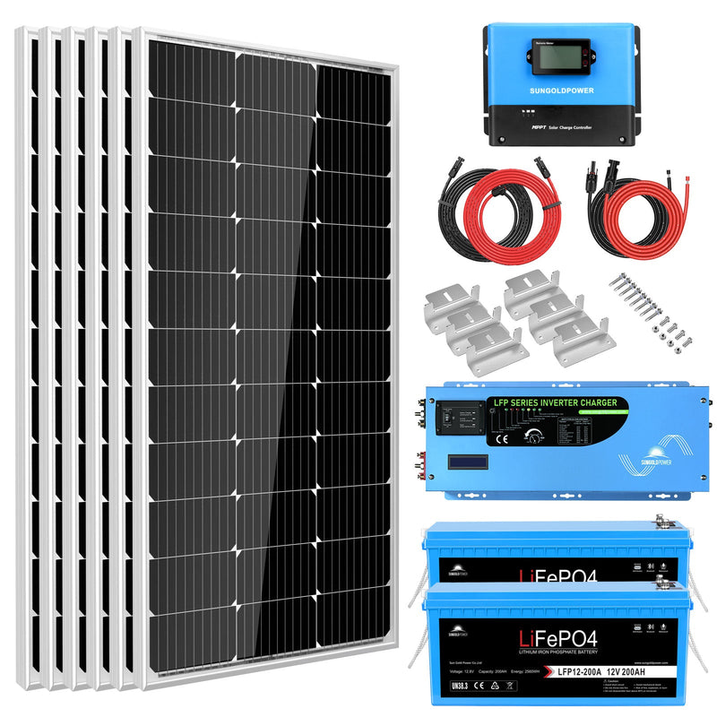 Sun Gold Off Grid Solar Kit 3000W Inverter 12VDC 120V Output LifePO4 Battery 600 watt Solar Back Up SGK-PRO3