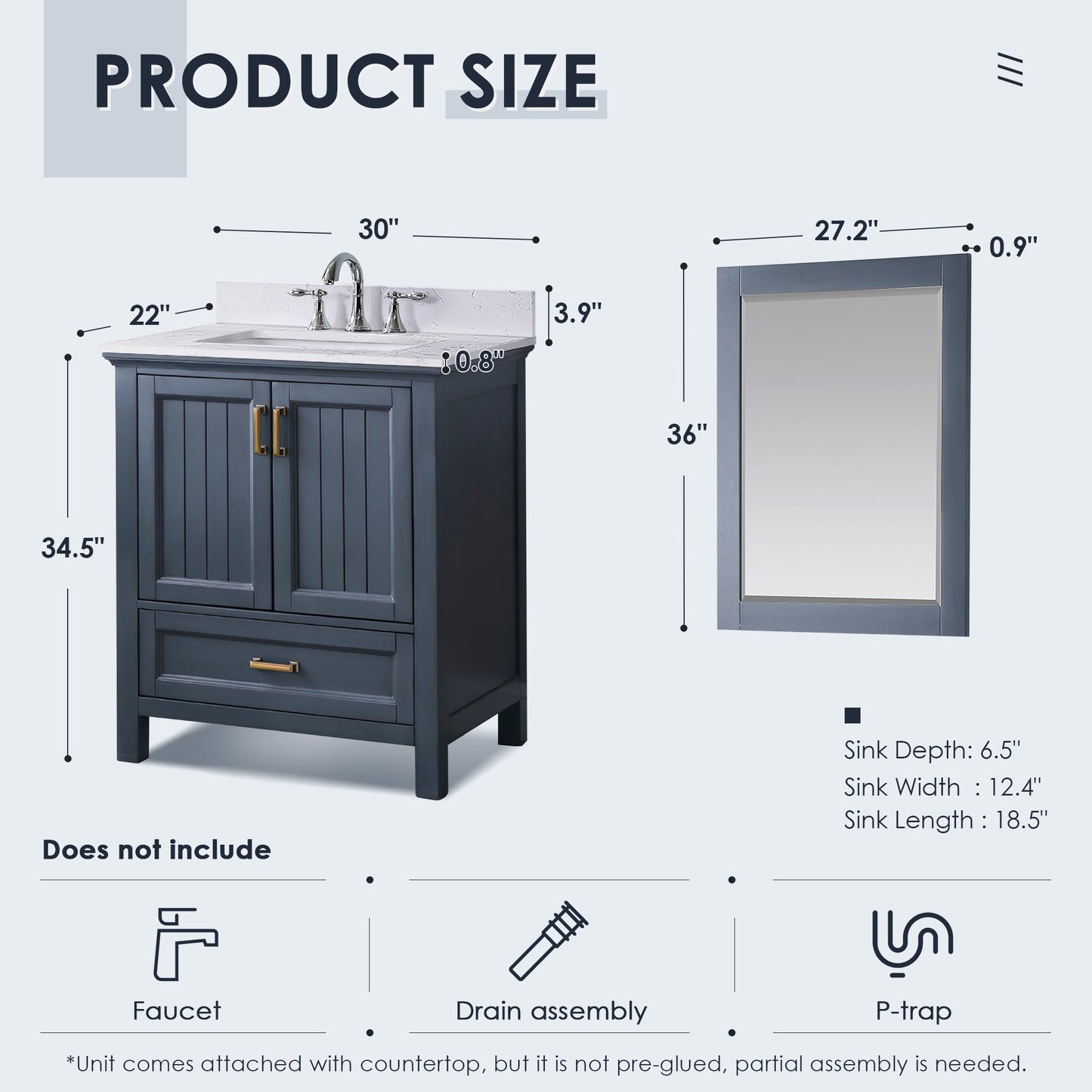 Altair Designs 30" single vanity with top - 538030-WH-CA-NM