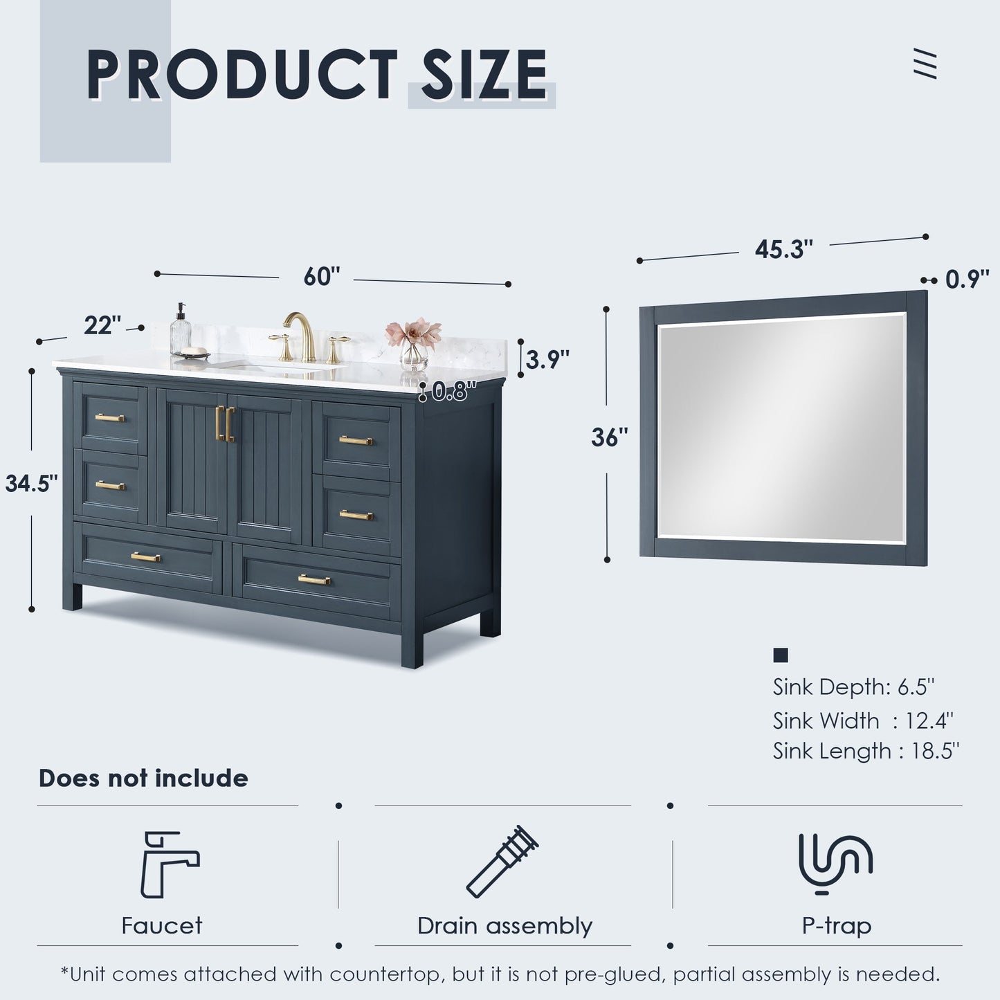 Altair Designs 60" single vanity with top - 538060S-WH-AW-NM