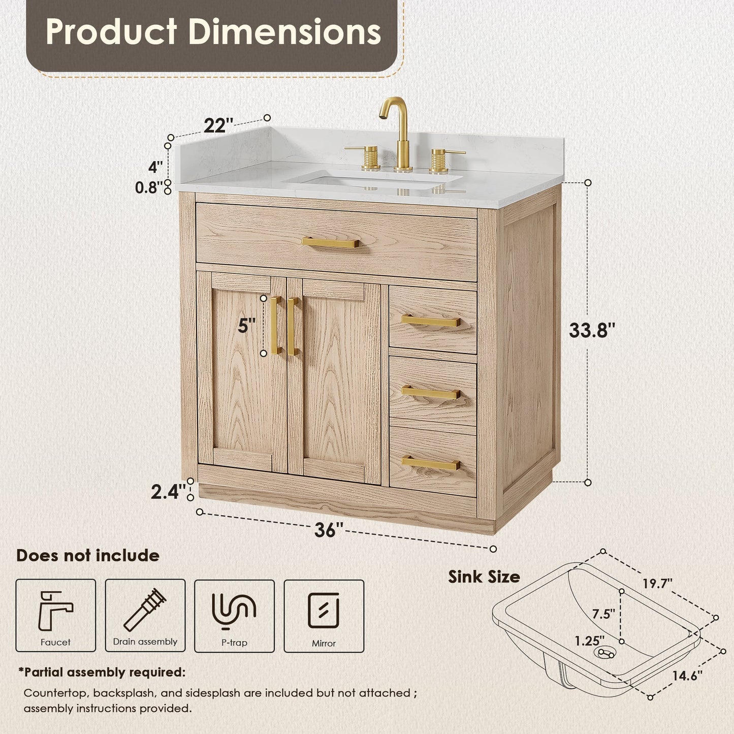 Altair Designs Gavino 36" single vanity with top - 557036-NA-GW-NM