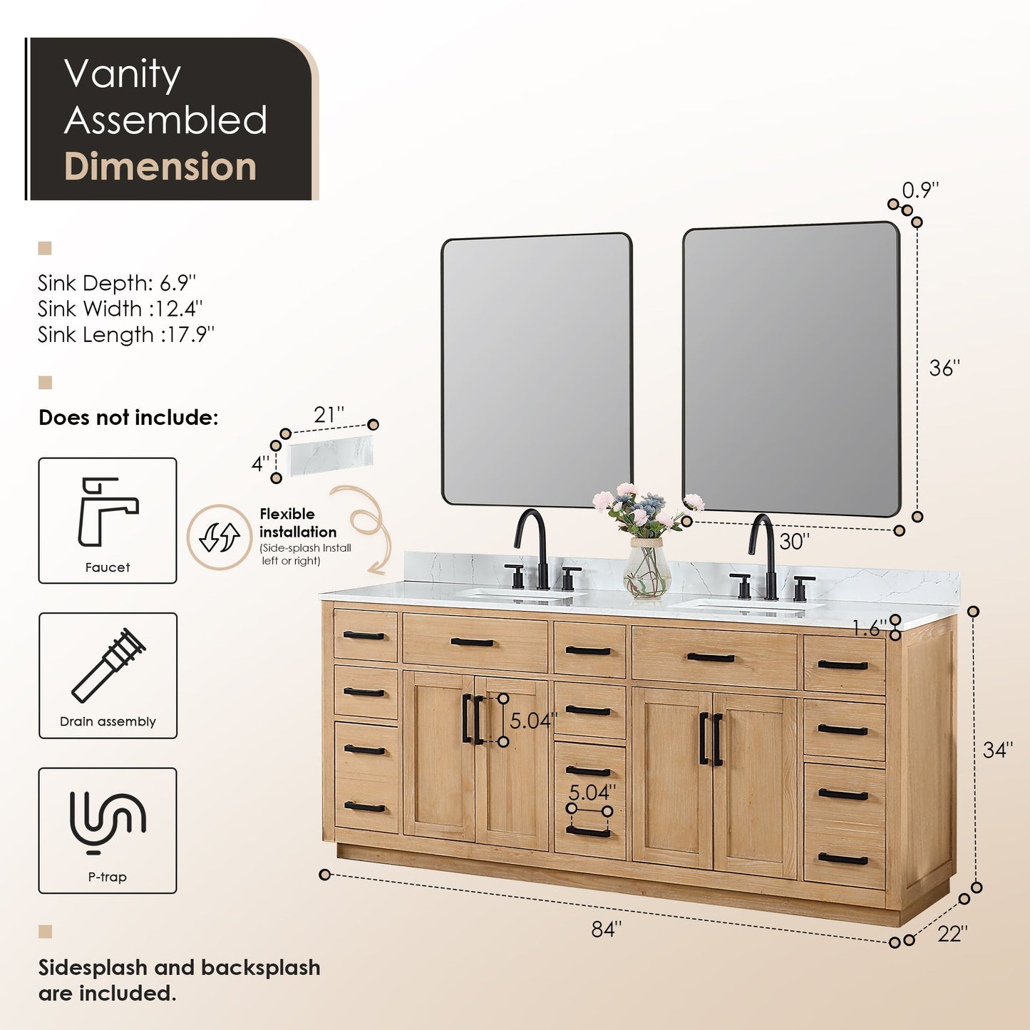 Altair Designs Gavino 84" double vanity with top - 557084-LB-GW-NM