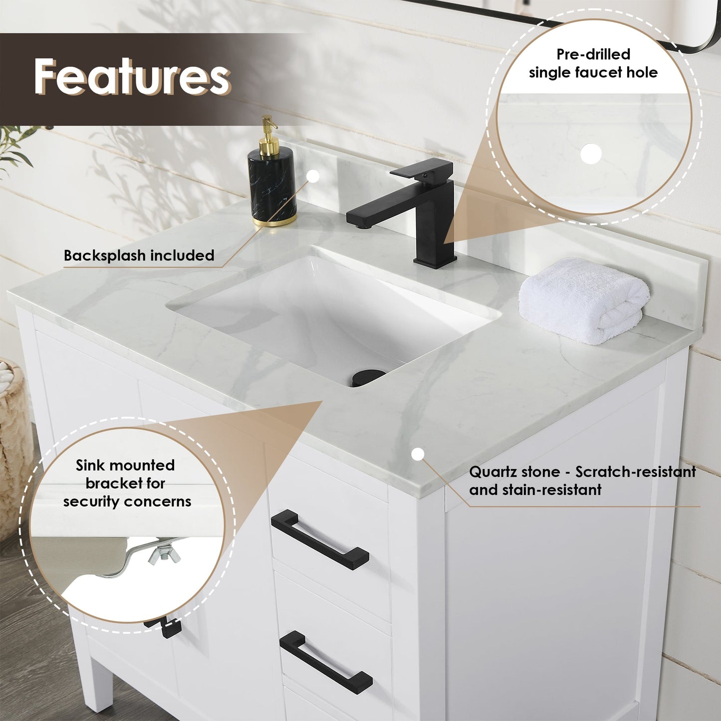 Altair Designs Laurel 36" single vanity with top - 558036-WF-CWQ-NM