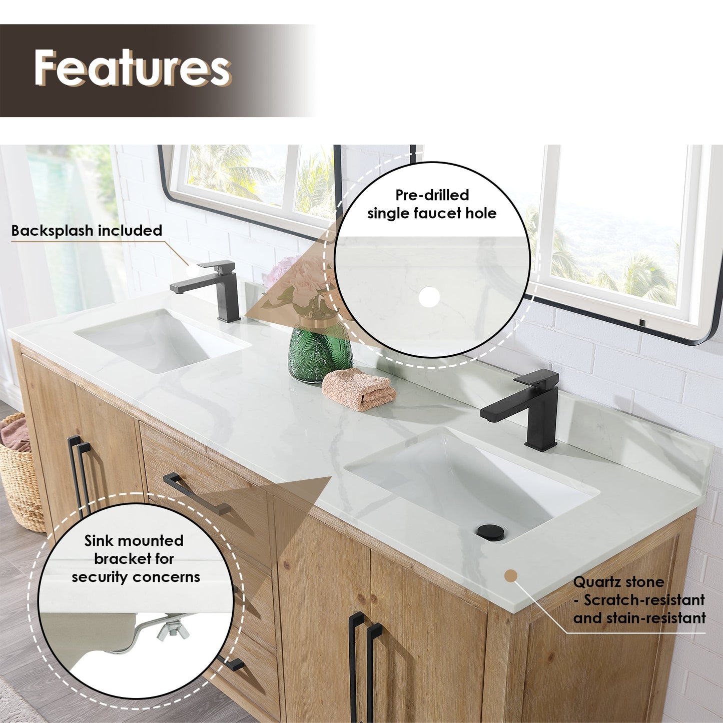 Altair Designs Laurel 72" double vanity with top - 558072-WH-CWQ-NM