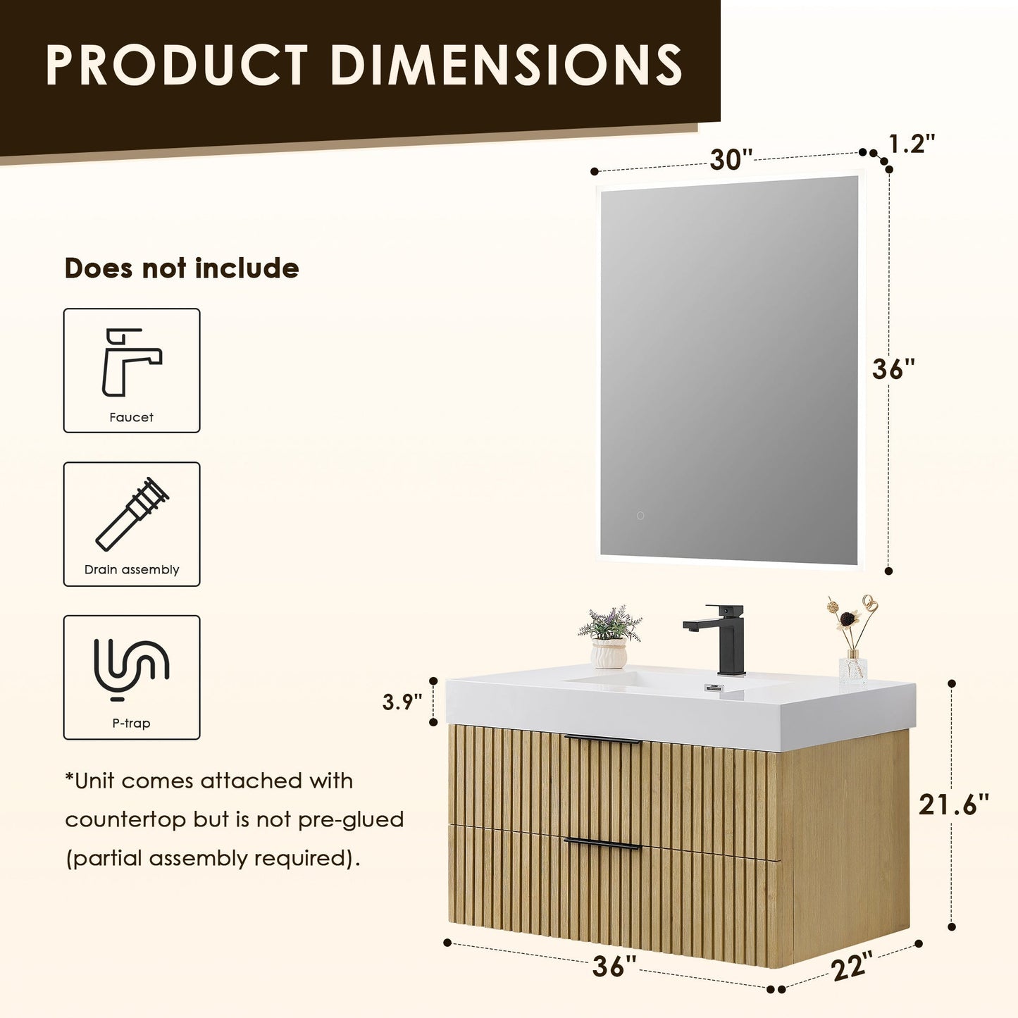 Altair Designs 36" single vanity with top - 563036-NB-WH-NM