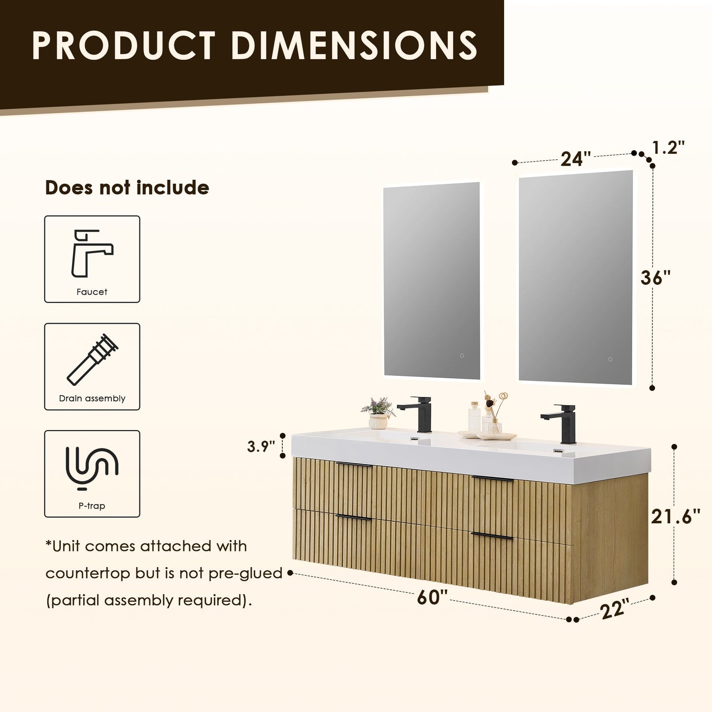 Altair Designs 60" double vanity with top  - 563060-NB-WH-NM