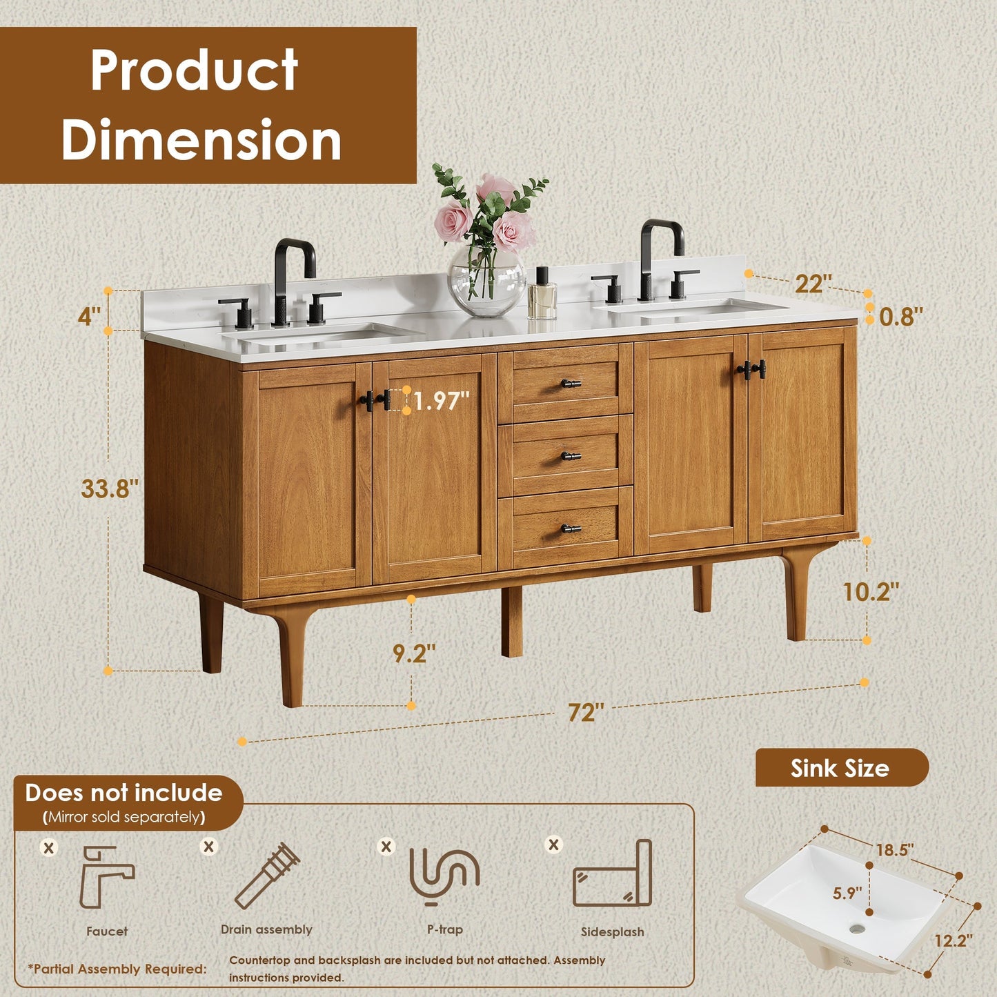 Altair Designs Orasia 36"/48"/60"/72" single/double vanity with top - 595036-MB-CMQ-NM