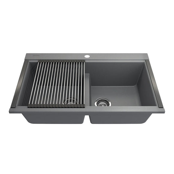 Bocchi 34" Undermount Double Bowl Composite Workstation Kitchen Sink with Covers in Concrete Gray - 1618-506-0126HP