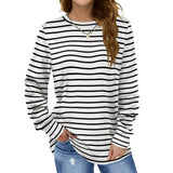 Womens Black-White Striped Crewneck Long Sleeve Sweatshirt