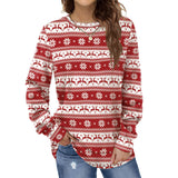 Womens Red-White Floral Crewneck Long Sleeve Sweatshirt