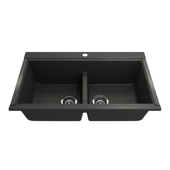 Bocchi 34" Undermount Double Bowl Composite Workstation Kitchen Sink with Covers in Matte Black - 1618-504-0126HP