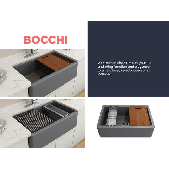 Bocchi 33" Concrete Gray Apron-Front Workstation Granite Composite Kitchen Sink - 1600-506-0120