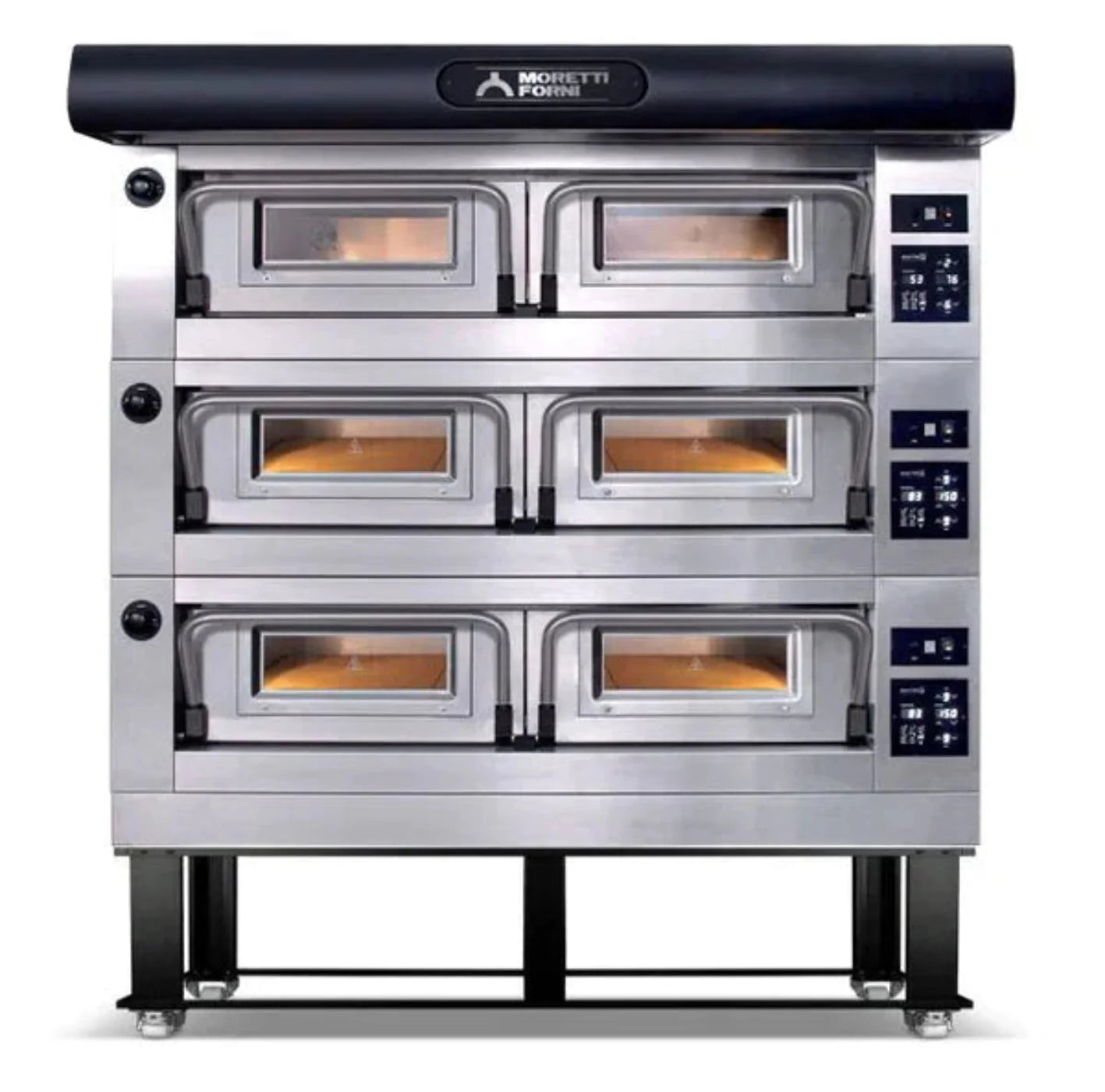 AMPTO Electric Pizza Oven P120 49'' x 34'' x 7'' (Chamber) 208/240/60/3 - 3 Decks with tray guide base - P120E B3X