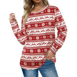 Womens Red-White Floral Crewneck Long Sleeve Sweatshirt