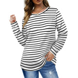 Womens Black-White Striped Crewneck Long Sleeve Sweatshirt